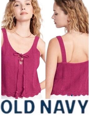 3X Old Navy Cotton Crochet Tie-Front Sweater Tank Top in Fuchsia Pink, NWT